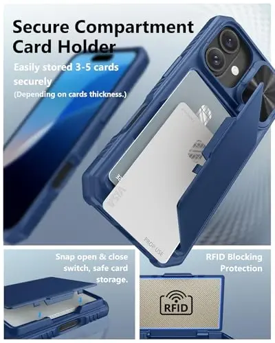 ATATOO for iPhone 16 Case Wallet with HD Tempered Glass Screen Protector [2 Pack], Built-in Card Holder, Slide Camera Cover, Military Grade Protection, Hard Case for iPhone 16 6.1