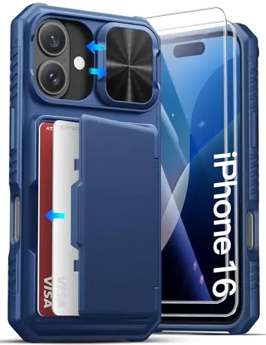 ATATOO for iPhone 16 Case Wallet with HD Tempered Glass Screen Protector [2 Pack], Built-in Card Holder, Slide Camera Cover, Military Grade Protection, Hard Case for iPhone 16 6.1