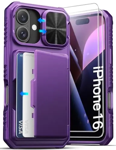 ATATOO for iPhone 16 Case Wallet with HD Tempered Glass Screen Protector [2 Pack], Built-in Card Holder, Slide Camera Cover, Military Grade Protection, Hard Case for iPhone 16 6.1