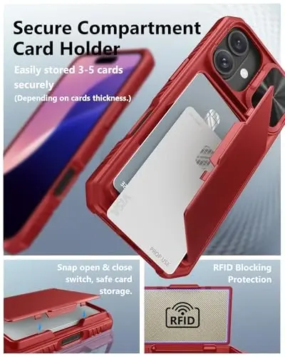 ATATOO for iPhone 16 Case with Card Holder (3-5 Card) [RFID Blocking] & Slide Lens Protector, Military Grade Protection, Rugged Silicone Wallet Cover for iPhone 16 6.1