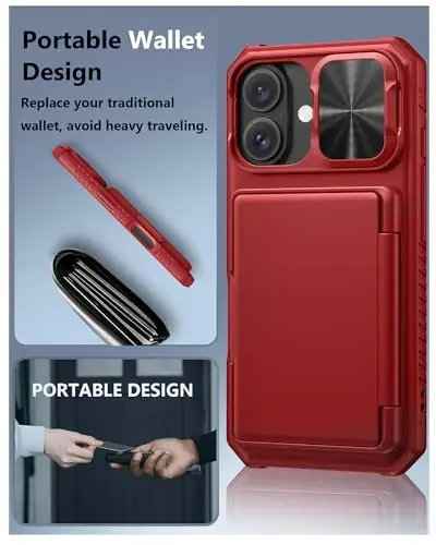 ATATOO for iPhone 16 Case with Card Holder (3-5 Card) [RFID Blocking] & Slide Lens Protector, Military Grade Protection, Rugged Silicone Wallet Cover for iPhone 16 6.1