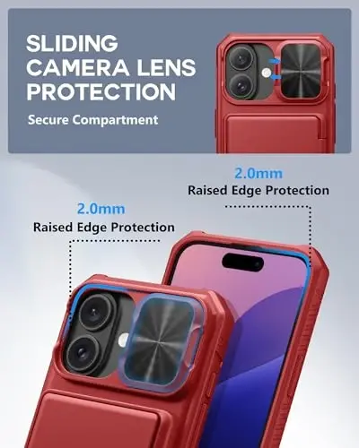 ATATOO for iPhone 16 Case with Card Holder (3-5 Card) [RFID Blocking] & Slide Lens Protector, Military Grade Protection, Rugged Silicone Wallet Cover for iPhone 16 6.1