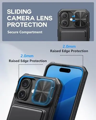 ATATOO for iPhone 16 Case with Card Holder (Store 3-5 Cards) [RFID Blocking] & Slide Camera Cover, Military Grade Protection, Rugged Silicone Wallet Case for iPhone 16 6.1