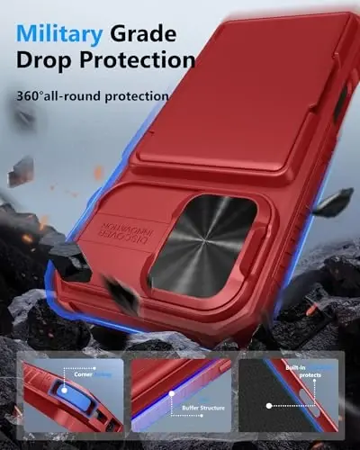 ATATOO for iPhone 16 Case with Card Holder (Store 3-5 Cards) [RFID Blocking] & Slide Lens Protector, Military Grade Protection, Rugged Silicone Wallet Cover for iPhone 16 6.1