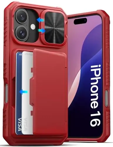 ATATOO for iPhone 16 Case with Card Holder (Store 3-5 Cards) [RFID Blocking] & Slide Lens Protector, Military Grade Protection, Rugged Silicone Wallet Cover for iPhone 16 6.1