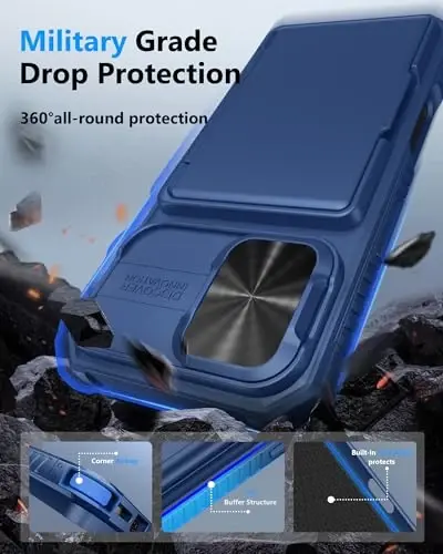 ATATOO for iPhone 16 Case with Card Holder (Store 3-5 Cards) & Slide Camera Cover & RFID Blocking, Military Grade Protection, Rugged Silicone Wallet Case for iPhone 16 6.1