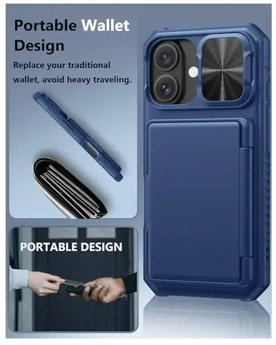 ATATOO for iPhone 16 Case with Card Holder (Store 3-5 Cards) & Slide Camera Cover & RFID Blocking, Military Grade Protection, Rugged Silicone Wallet Case for iPhone 16 6.1