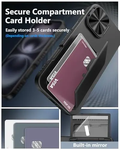 ATATOO for iPhone 16 Plus Case Wallet, Built-in Card Holder (3-5 Cards) & Stand & Camera Cover, Military Grade Protection Rugged Silicone Kickstand Phone Case for iPhone 16 Plus 2024, Black - 3