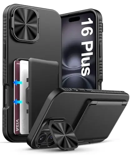 ATATOO for iPhone 16 Plus Case Wallet, Built-in Card Holder (3-5 Cards) & Stand & Camera Cover, Military Grade Protection Rugged Silicone Kickstand Phone Case for iPhone 16 Plus 2024, Black - 1