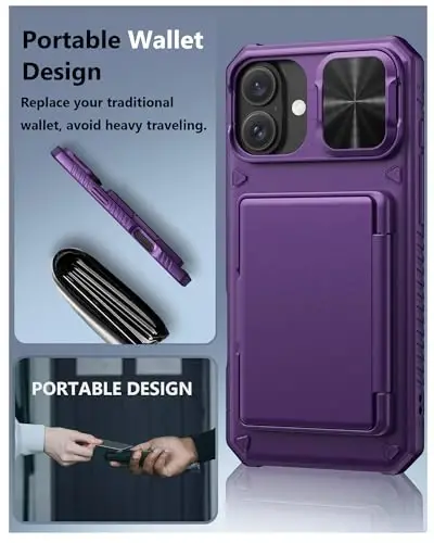 ATATOO for iPhone 16 Plus Case Wallet with Card Holder (Store 3-5 Cards) & Slide Lens Cover, Military Grade Protection, Rugged Shockproof Wallet Phone Case for iPhone 16 Plus 6.7