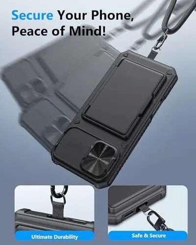 ATATOO for iPhone 16 Plus Case Wallet with Lanyard, Card Holder, Black | Phone Strap Crossbody for Women Men, Slide Camera Cover, Drop Protection, Rugged Protective Case for iPhone 16 Plus 2024 6.7