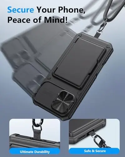 ATATOO for iPhone 16 Plus Case Wallet with Lanyard, Phone Strap Crossbody for Women Men, Card Holder, Slide Camera Cover, Military Grade Protection, Case for iPhone 16 Plus 6.7