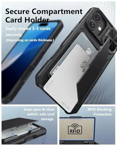 ATATOO for iPhone 16 Plus Case with Card Holder (Store 3-5 Cards) [RFID Blocking] & Slide Camera Cover, Military Grade Protection, Rugged Silicone Wallet Case for iPhone 16 Plus 6.7