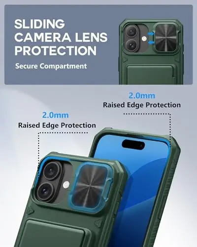 ATATOO for iPhone 16 Plus Wallet Case with Card Holder (Store 3-5 Cards) [RFID Blocking] & Sliding Camera Cover, Military Grade Protection, Heavy Duty Shockproof Case for iPhone 16 Plus, Green - 4