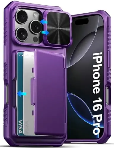 ATATOO for iPhone 16 Pro Case Wallet with Card Holder (Store 3-5 Cards) & Slide Lens Cover, Military Grade Protection, Rugged Shockproof Wallet Phone Case for iPhone 16 Pro 6.3