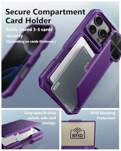 ATATOO for iPhone 16 Pro Case Wallet with Card Holder (Store 3-5 Cards) & Slide Lens Cover, Military Grade Protection, Rugged Shockproof Wallet Phone Case for iPhone 16 Pro 6.3