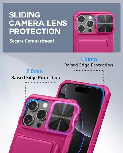 ATATOO for iPhone 16 Pro Max Case, Built-in Card Holder (Store 3-5 Cards) & Slide Camera Protector, Military Grade Protection, Women Cute Silicone Wallet Case for iPhone 16 Pro Max 2024, Hot Pink - 4