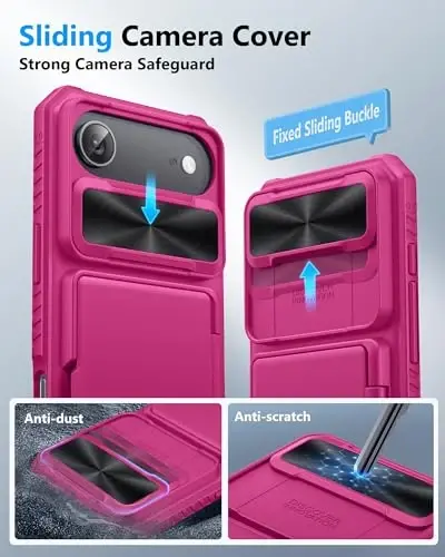 ATATOO for iPhone 16 Pro Max Case, Built-in Card Holder (Store 3-5 Cards) & Slide Camera Protector, Military Grade Protection, Women Cute Silicone Wallet Case for iPhone 16 Pro Max 2024, Hot Pink - 4