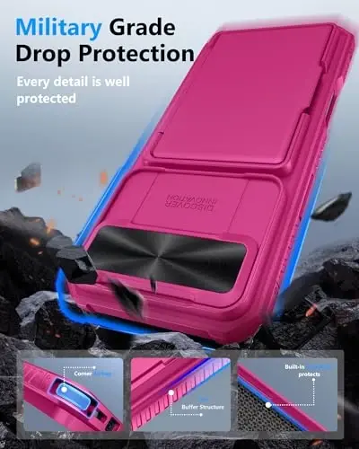 ATATOO for iPhone 16 Pro Max Case, Built-in Card Holder (Store 3-5 Cards) & Slide Camera Protector, Military Grade Protection, Women Cute Silicone Wallet Case for iPhone 16 Pro Max 2024, Hot Pink - 5