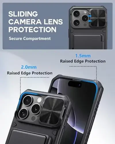 ATATOO for iPhone 16 Pro Max Case Wallet, Built-in Card Holder (3-5 Cards) [RFID Blocking] & Slide Camera Cover, Military Grade Protection, Rugged Silicone Phone Case for iPhone 16 Pro Max 6.9