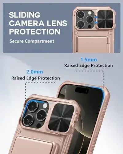 ATATOO for iPhone 16 Pro Max Case Wallet, Built-in Card Holder (Store 3-5 Cards) & Slide Lens Cover, Military Grade Protection, Shockproof Silicone Protective Case for iPhone 16 Pro Max, Rose Gold - 4