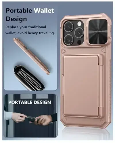 ATATOO for iPhone 16 Pro Max Case Wallet, Built-in Card Holder (Store 3-5 Cards) & Slide Lens Cover, Military Grade Protection, Shockproof Silicone Protective Case for iPhone 16 Pro Max, Rose Gold - 6