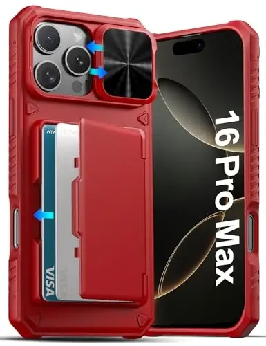 ATATOO for iPhone 16 Pro Max Case with Card Holder (Store 3-5 Cards) [RFID Blocking] & Slide Lens Protector, Military Grade Protection, Rugged Silicone Wallet Cover for iPhone 16 Pro Max 6.9