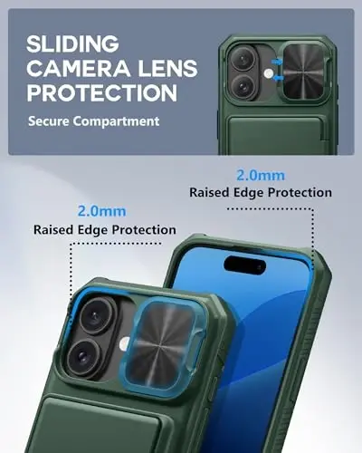ATATOO for iPhone 16 Wallet Case with Card Holder (Store 3-5 Cards) [RFID Blocking] & Sliding Camera Cover, Military Grade Protection, Heavy Duty Shockproof Case for iPhone 16 6.1