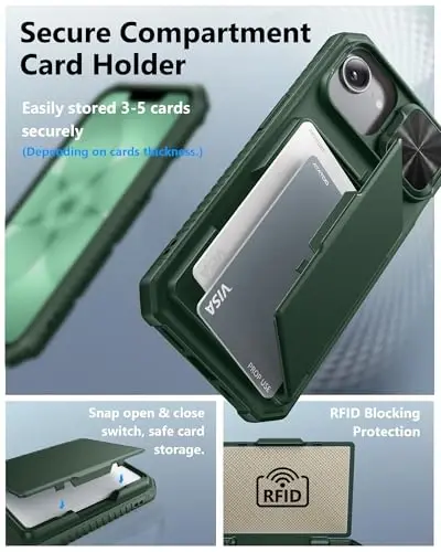 ATATOO for iPhone 16e Case, Built-in Card Holder (Store 3-5 Cards) & Sliding Camera Cover, Military Grade Protection, Heavy Duty Sturdy Durable Wallet Phone Case for iPhone 16e 6.1