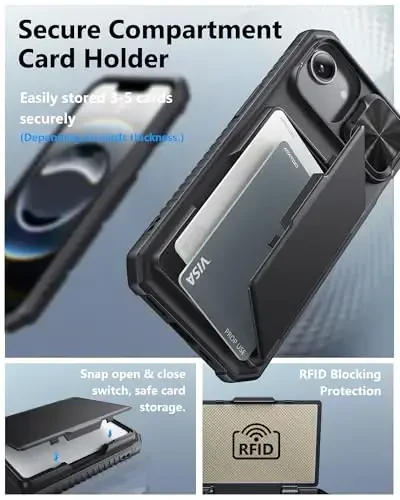 ATATOO for iPhone 16e Case Wallet, Built-in Card Holder (3-5 Cards) [RFID Blocking] & Slide Camera Cover, Military Grade Protection, Rugged Silicone Phone Case for iPhone 16e 6.1