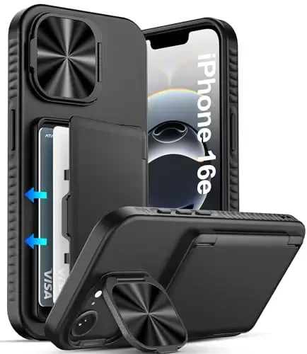 ATATOO for iPhone 16e Case Wallet, Built-in Card Holder (3-5 Cards) & Stand & Camera Cover, Military Grade Protection Rugged Silicone Kickstand Phone Case for iPhone 16e 6.1