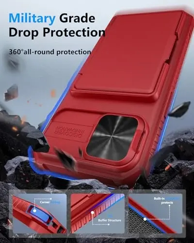 ATATOO for iPhone 16e Case Wallet, Built-in Card Holder (Store 3-5 Cards) & Slide Lens Cover, Military Grade Protection, Rugged Silicone Protective Phone Cover for iPhone 16e 6.1