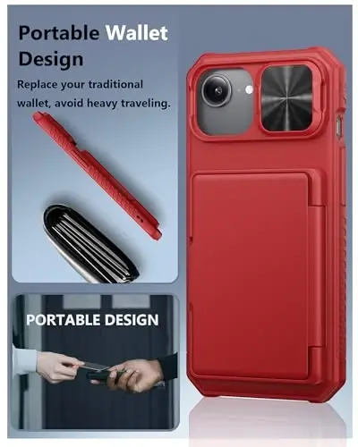 ATATOO for iPhone 16e Case Wallet, Built-in Card Holder (Store 3-5 Cards) & Slide Lens Cover, Military Grade Protection, Rugged Silicone Protective Phone Cover for iPhone 16e 6.1