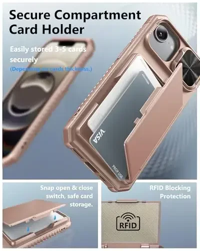 ATATOO for iPhone 16e Case with Card Holder (Store 3-5 Cards) [RFID Blocking] & Slide Lens Cover, Military Grade Protection, Silicone Protective Wallet Case for iPhone 16e 6.1