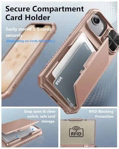 ATATOO for iPhone 16e Case with Card Holder (Store 3-5 Cards) [RFID Blocking] & Slide Lens Cover, Military Grade Protection, Silicone Protective Wallet Case for iPhone 16e 6.1