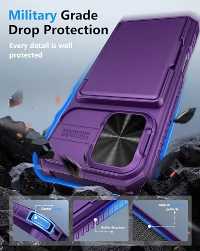 ATATOO for iPhone 17 Case, Built-in Card Holder (Store 3-5 Cards) & Slide Camera Cover & RFID Blocking, Military Grade Protection, Hard Wallet Phone Cover Case for iPhone 17 6.3