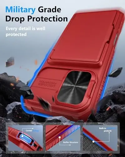 ATATOO for iPhone 17 Case Wallet, Built-in Credit Card Holder (Store 3-5 Cards) & Slide Lens Cover, Military Grade Protection, Strong Silicone Protective Phone Cover Case for iPhone 17 6.3