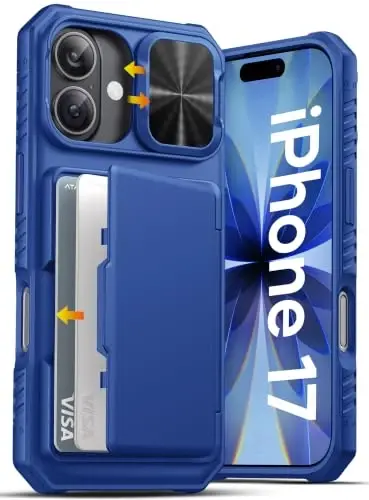 ATATOO for iPhone 17 Case Wallet with Card Holder (3-5 Cards), Royal Blue | RFID Blocking, Slide Camera Lens Cover, Military Grade Drop Protection, Heavy Duty Protective Case for iPhone 17 6.3