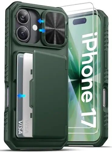 ATATOO for iPhone 17 Case Wallet with HD Tempered Glass Screen Protector [2 Pack], Card Holder & Slide Camera Cover, Military Grade Protection, Hard Protective Case for iPhone 17 6.3