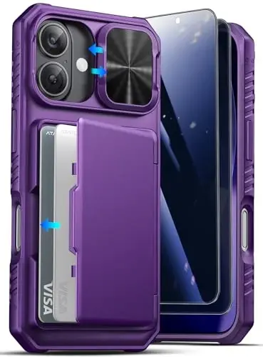 ATATOO for iPhone 17 Case with 2X Privacy Screen Protector, Dark Purple | Card Holder(3-5 Cards), Slide Camera Lens Cover, Military Grade Drop Protection, Silicone Wallet Case for iPhone 17 6.3