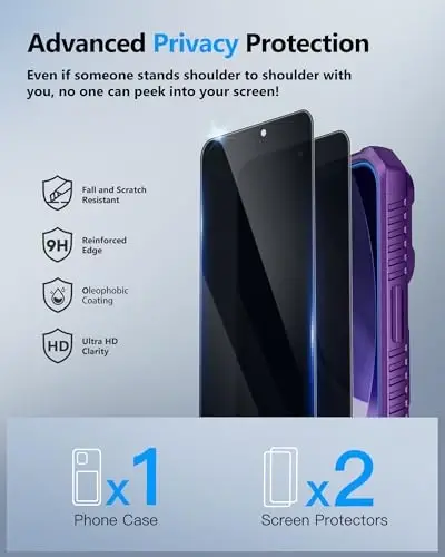 ATATOO for iPhone 17 Case with 2X Privacy Screen Protector, Dark Purple | Card Holder(3-5 Cards), Slide Camera Lens Cover, Military Grade Drop Protection, Silicone Wallet Case for iPhone 17 6.3