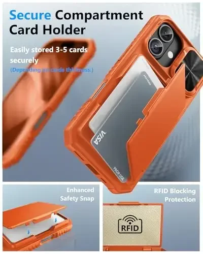 ATATOO for iPhone 17 Case with Card Holder (Store 3-5 Cards) & [RFID Blocking] & Slide Camera Cover, Military Grade Protection, Rugged Protective Wallet Case Cover for iPhone 17 6.3