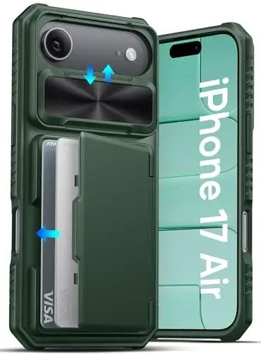 ATATOO for iPhone Air Case Wallet with Card Holder (Store 3-5 Cards), Green | RFID Blocking, Sliding Camera Cover, Military Grade Protection, Heavy Duty Durable Wallet Cover Case for iPhone 17 Air 6.5