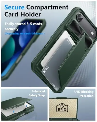 ATATOO for iPhone Air Case Wallet with Card Holder (Store 3-5 Cards), Green | RFID Blocking, Sliding Camera Cover, Military Grade Protection, Heavy Duty Durable Wallet Cover Case for iPhone 17 Air 6.5