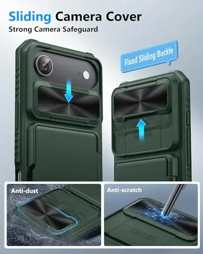 ATATOO for iPhone Air Case Wallet with Card Holder (Store 3-5 Cards), Green | RFID Blocking, Sliding Camera Cover, Military Grade Protection, Heavy Duty Durable Wallet Cover Case for iPhone 17 Air 6.5