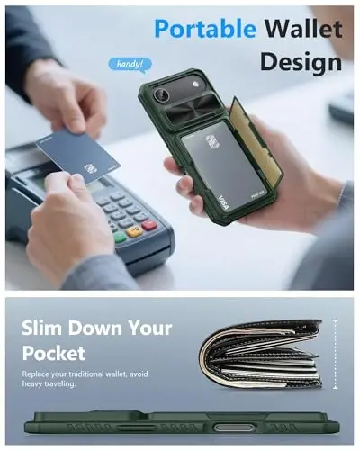 ATATOO for iPhone Air Case Wallet with Card Holder (Store 3-5 Cards), Green | RFID Blocking, Sliding Camera Cover, Military Grade Protection, Heavy Duty Durable Wallet Cover Case for iPhone 17 Air 6.5