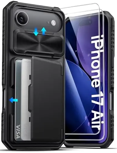ATATOO for iPhone Air Case Wallet with HD Tempered Glass Screen Protector [2 Pack], Card Holder & Slide Camera Cover, Drop Protection, Hard Protective Case for iPhone Air 2025 6.5