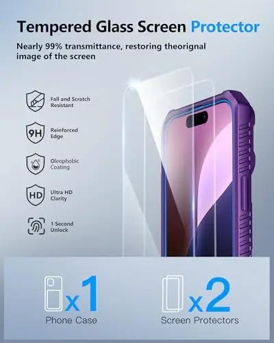 ATATOO için iPhone 16 Kılıf Cüzdan, HD Temperli Cam Ekran Koruyuculu [2 Adet], Dahili Kartlık, Sürgülü Kamera Kapağı, Askeri Sınıf Koruma, iPhone 16 6.1