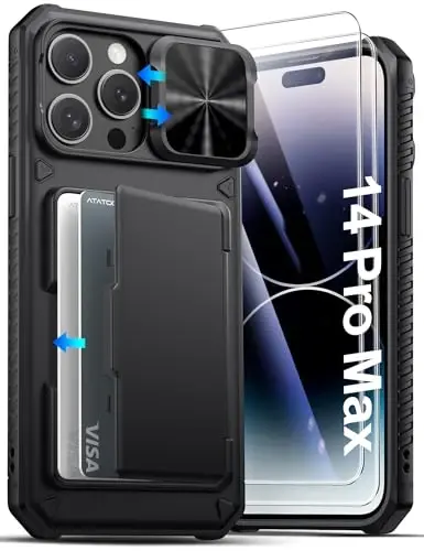 ATATOO iPhone 14 Pro Max Kılıfı, HD Temperli Cam Ekran Koruyuculu Cüzdan [2'li Paket], Kartlık ve Sürgülü Kamera Kapağı, Askeri Sınıf Koruma, iPhone 14 Pro Max için Koruyucu Kılıf, Siyah - 1