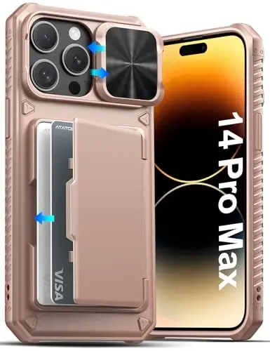 ATATOO iPhone 14 Pro Max uchun karta ushlagichli g‘ilof (3-5 ta kartani saqlaydi) [RFID blokirovka] va sirg‘anuvchi linza qopqog‘i, harbiy darajadagi himoya, silikon himoya hamyon g‘ilofi 14 Pro Max 6.7 uchun, Rose Gold 